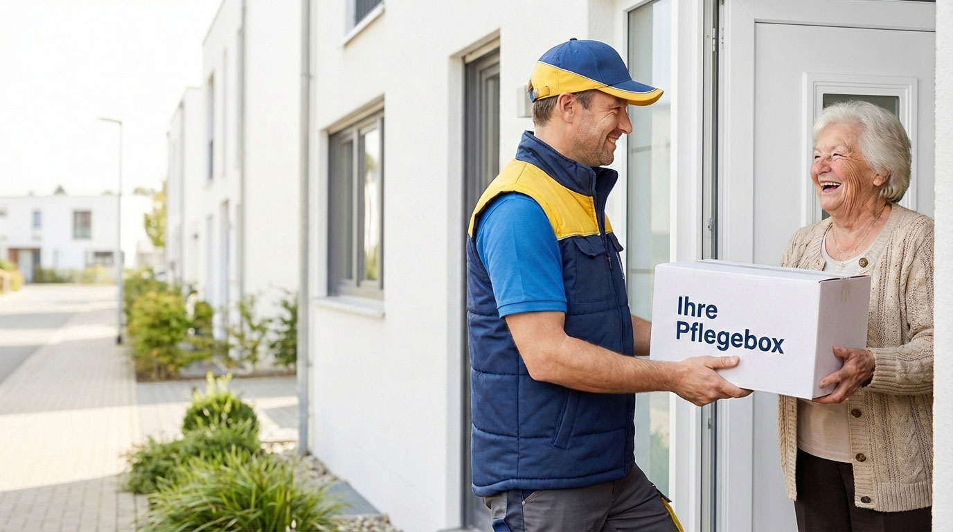 Zusteller übergibt eine Pflegebox an eine ältere Dame